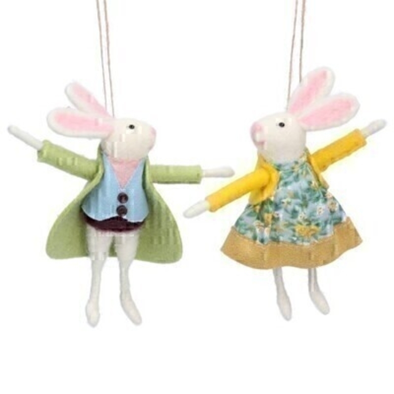 If you are looking for some Easter decorations for your Easter Tree then be sure not to miss these cute wool mix Mr and Mrs Easter Bunny hanging decorations by designer Gisela Graham. Choice of 2 available - Mr Bunny or Mrs Bunny (please specify when ordering which one you would like)  If two are ordered we will send you one of each. Comes complete with string to hang on your Easter Tree.